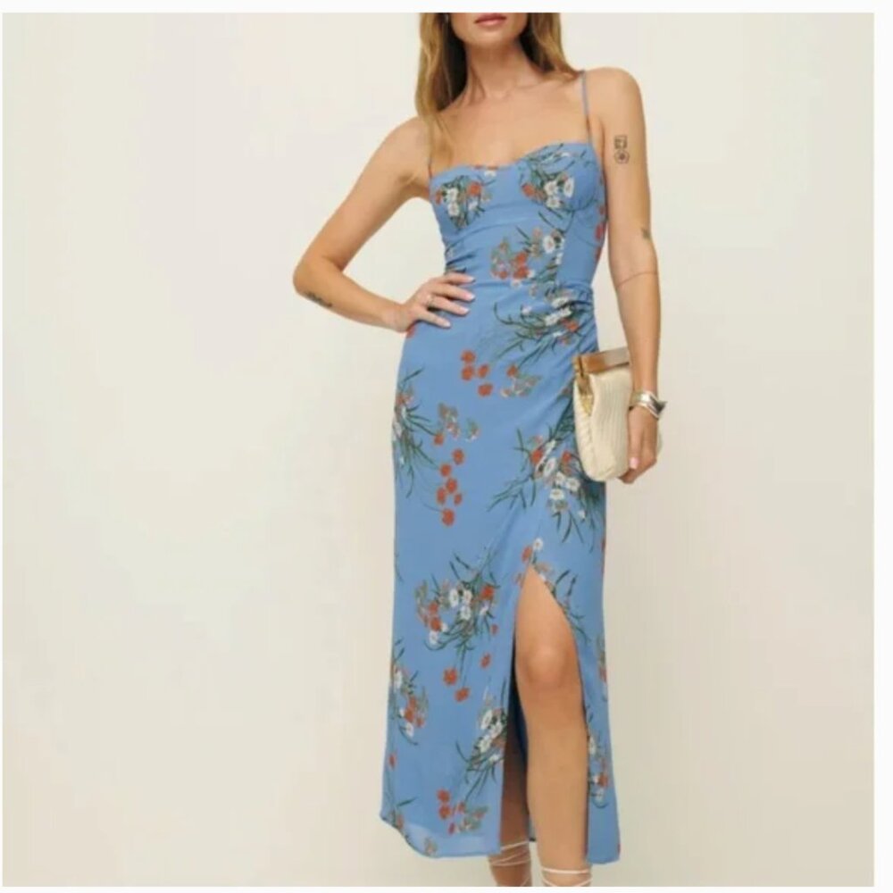 Reformation Kourtney Dress Blue Floral Midi Dress with Spaghetti Straps
